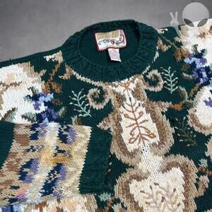 Crystal Robe Handknit Sweater Medium Green Floral Pattern Vintage 90s Grandma